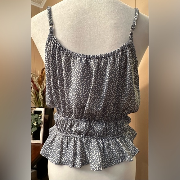 She + Sky Adjustable Strap Cinch-Waist Ruffle Top; Bluish-Gray/White; Small; EUC - Picture 2 of 6